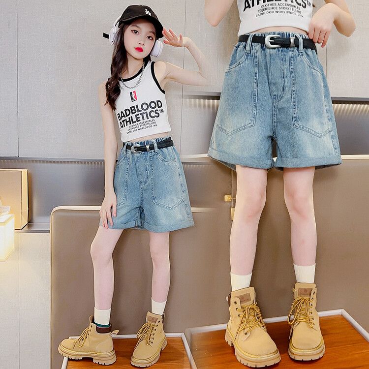 Girls' denim shorts summer clothes  new foreign style medium and large children's children's summer casual thin pants