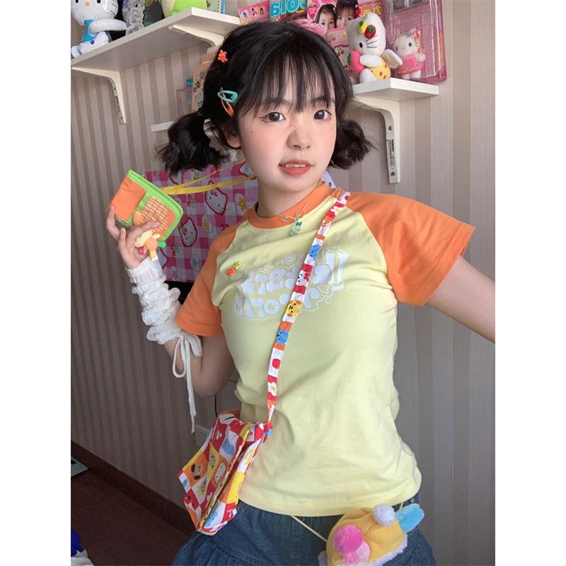 100% Cotton Raglan Sleeve Stitching Printing Slim Short-sleeved T-Shirt Women's Summer Small Short Student INS Tops
