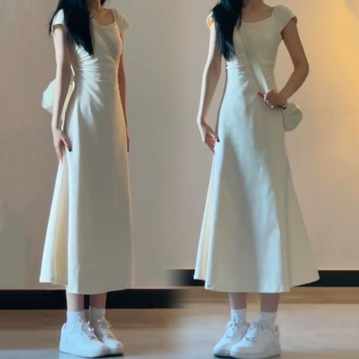 法式方領掐腰連衣裙子女2023夏季新款高級感溫柔收腰顯瘦包臀長裙