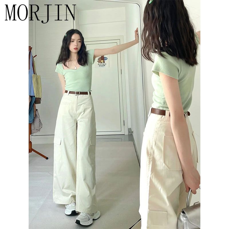 MORJIN sweet and spicy design sense square collar front shoulder t-shirt women's short-sleeved summer Korean version of slim slim short top tide