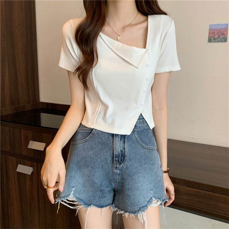 Trendy fat mm French style niche chic top summer large size short-sleeved t-shirt covering meat women's age-reducing style T-shirt