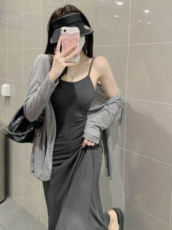 High-end two-piece suspender skirt inner dress summer new long-sleeved cardigan jacket suit jacket women's clothing