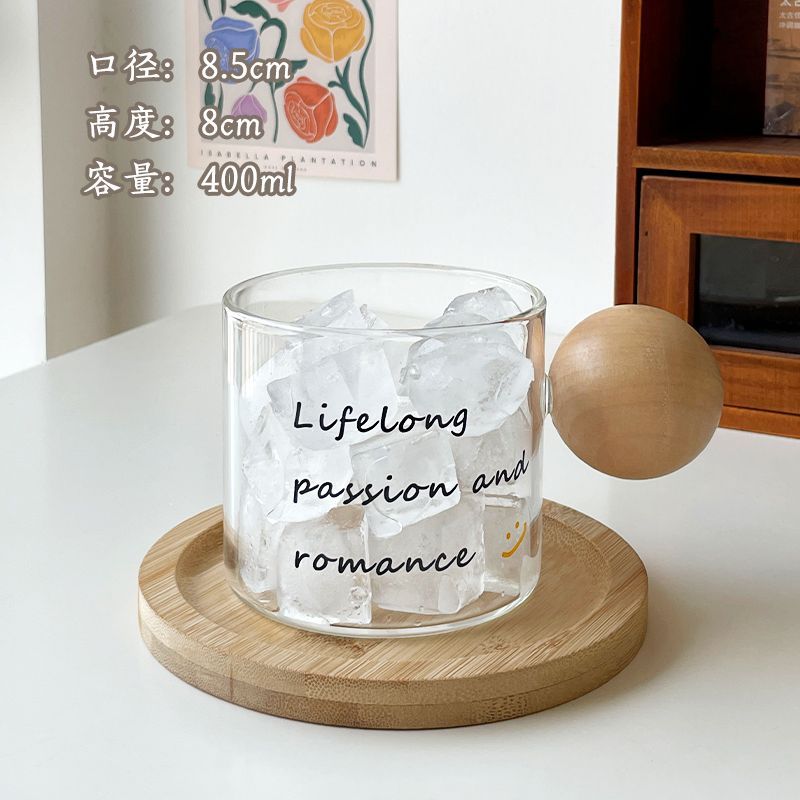 创意简约ins玻璃杯圆木把手清新圆形北欧家用泡茶杯咖啡牛奶杯子