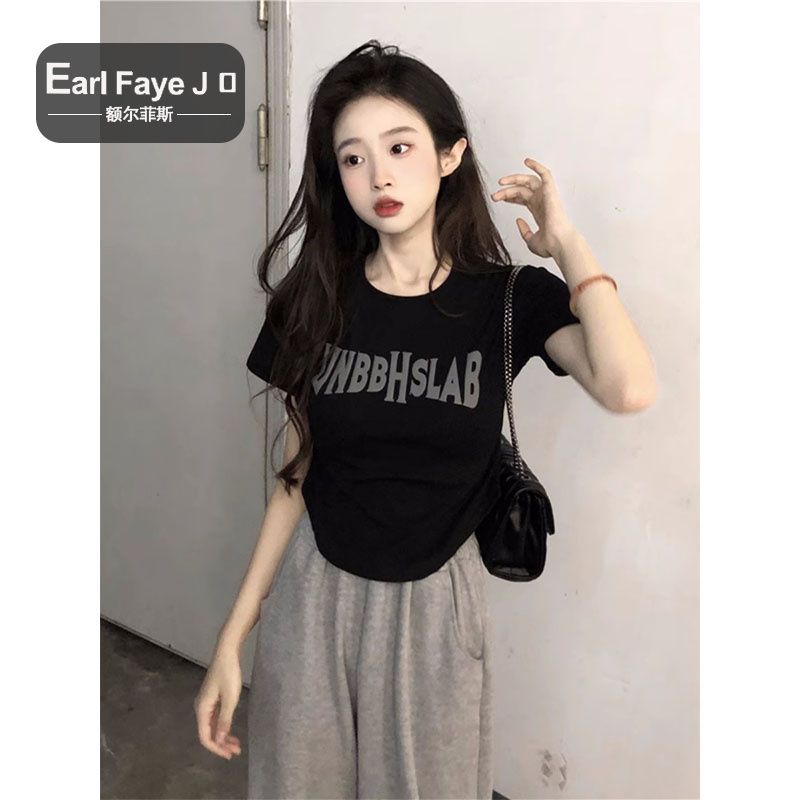 [Positive shoulder pure cotton] black irregular short-sleeved t-shirt female American high waist short curved hem top summer