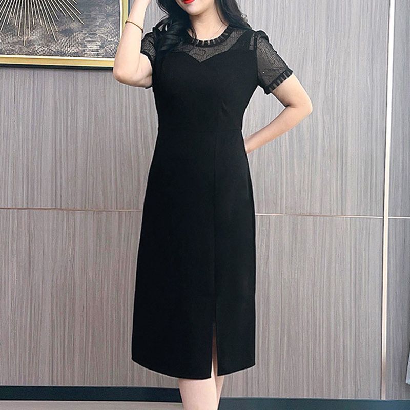 New Chinese-style middle-aged mother improved cheongsam dress large size meat-covering slit over-the-knee small black skirt 2023 Xia Xin