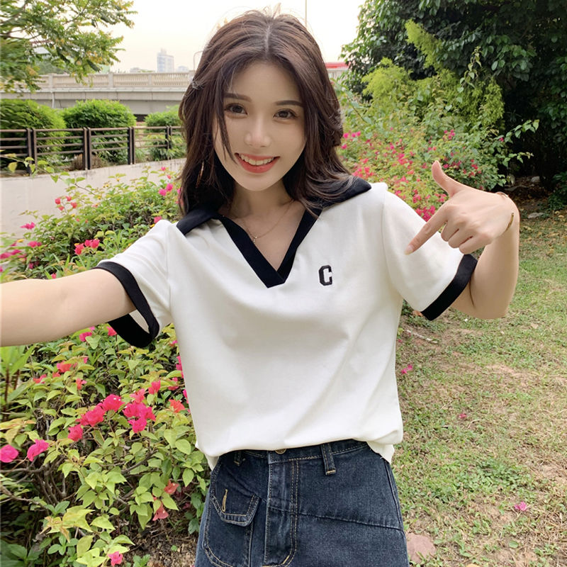 微胖穿搭正肩v領短袖t恤女2023夏季新款大碼胖mm撞色顯瘦翻領上衣