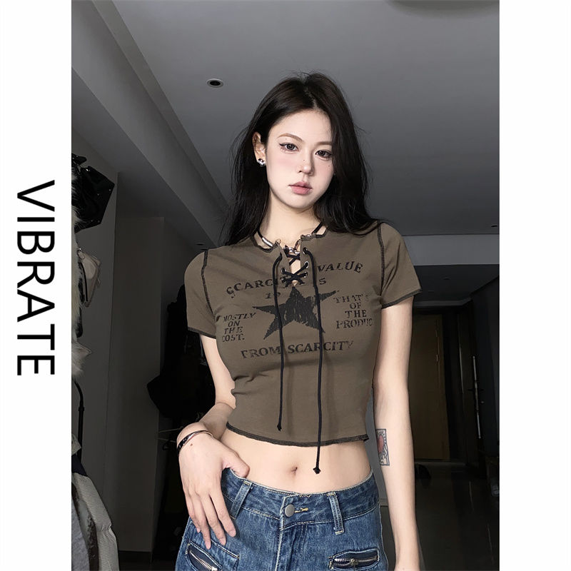 VIBRATE summer new American style slim waist short t-shirt female hot girl front shoulder short sleeve drawstring top ins