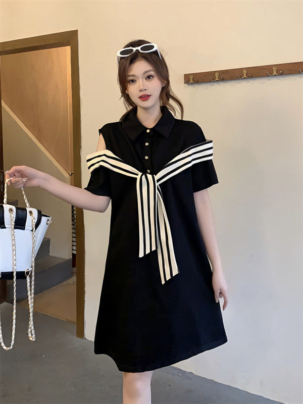 Off-the-shoulder striped stitching POLO collar little black dress fat MM extra large size 300 catties loose belly cover thin dress summer