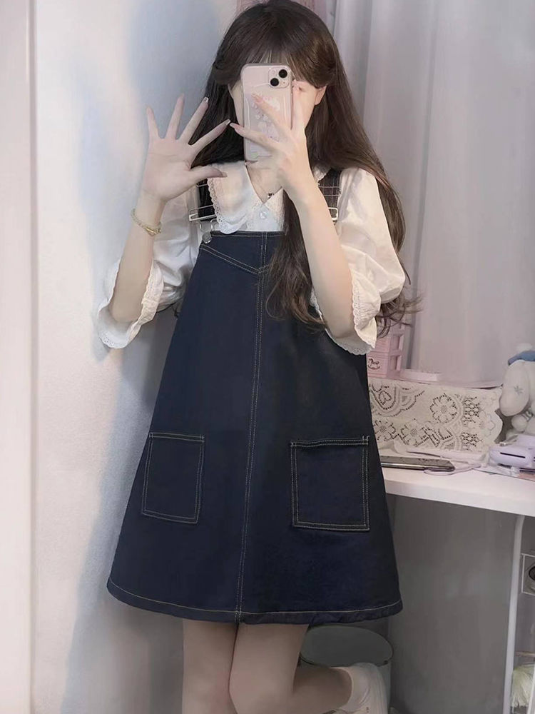 日系學院風小個子短款牛仔背帶裙女學生+七分袖娃娃領襯衫兩件套