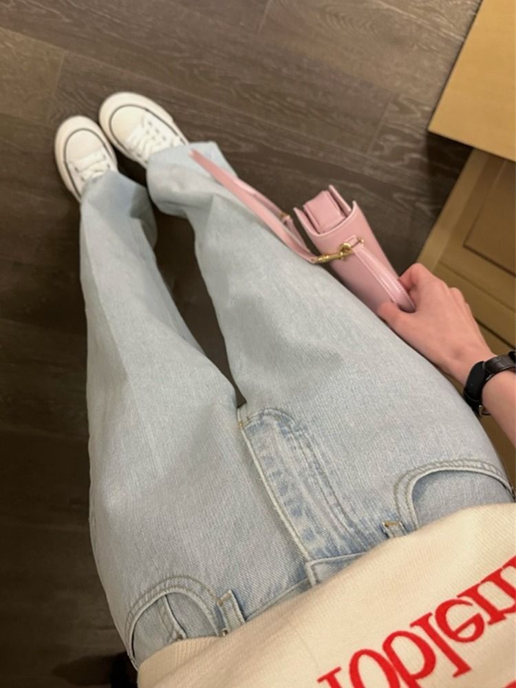 淺色窄版直筒牛仔褲女春夏季新款修身顯瘦彈力休閒闊腿拖地褲子潮
