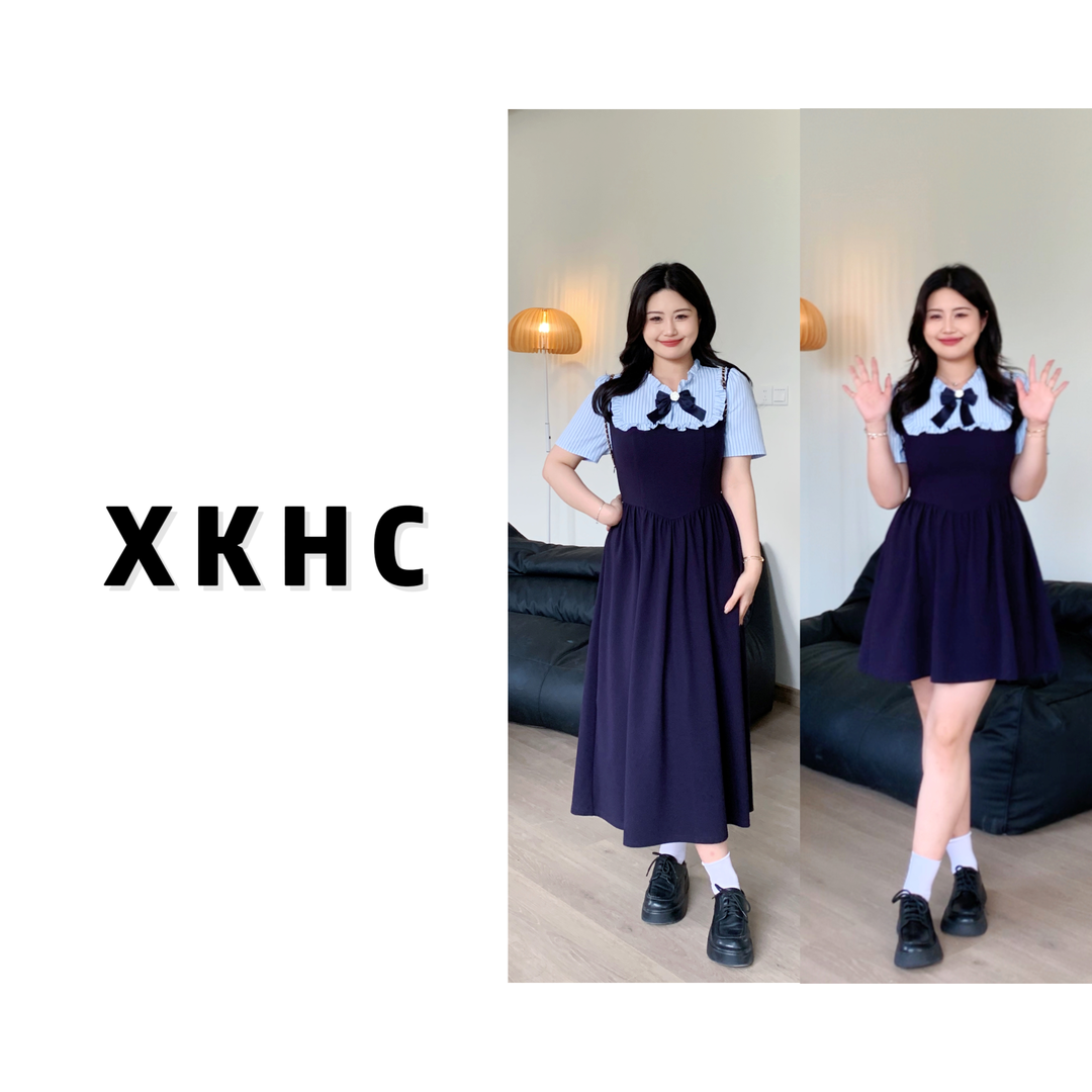 Slightly fat custom [summer on earth] summer splicing striped design sense princess skirt over the knee long skirt to cover the belly