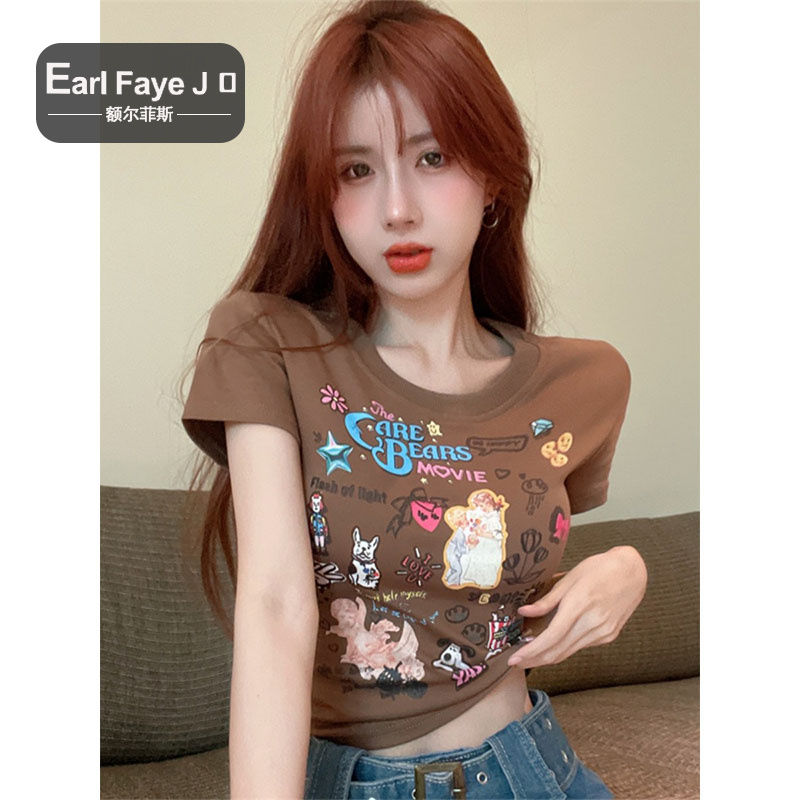 [Positive shoulder pure cotton] pure desire hot girl cartoon printed short-sleeved t-shirt female ins summer new slim short top