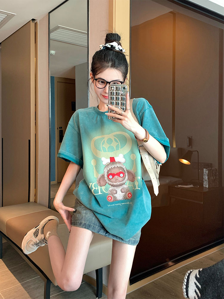 綠色t恤女短袖夏季設計感小眾寬鬆爆款卡通減齡印花半袖上衣ins潮