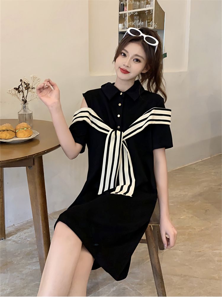 Off-the-shoulder striped stitching POLO collar little black dress fat MM extra large size 300 catties loose belly cover thin dress summer