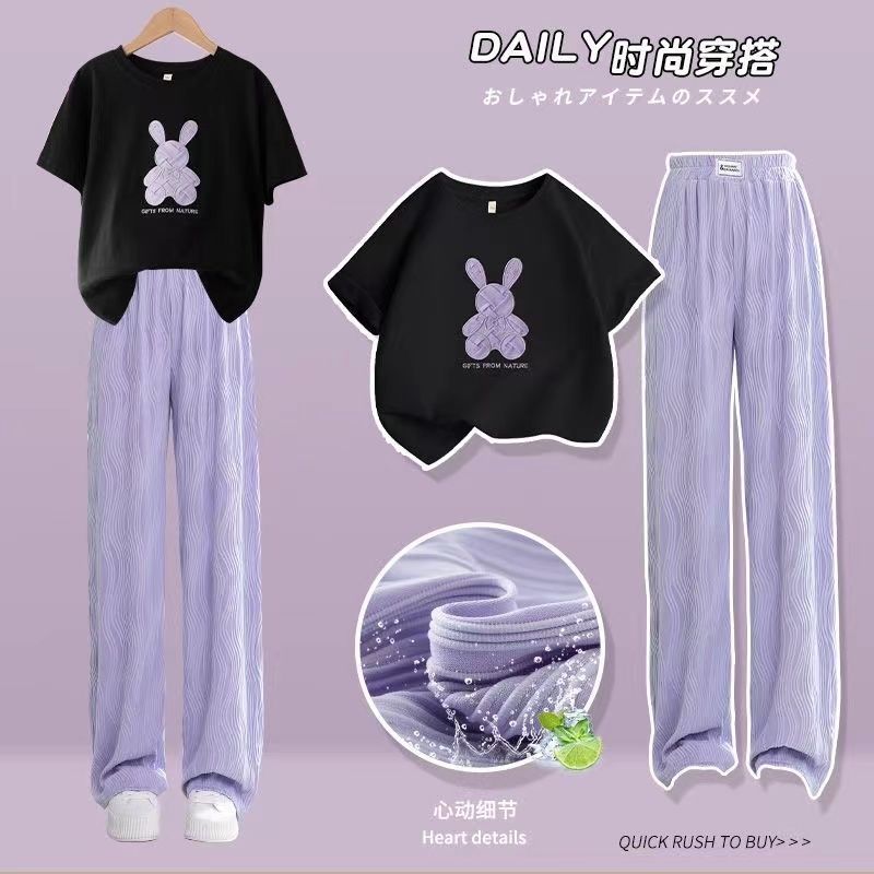女童夏裝套裝新款兒童洋氣時髦短袖涼感冰絲褲子中大童夏季闊腿褲