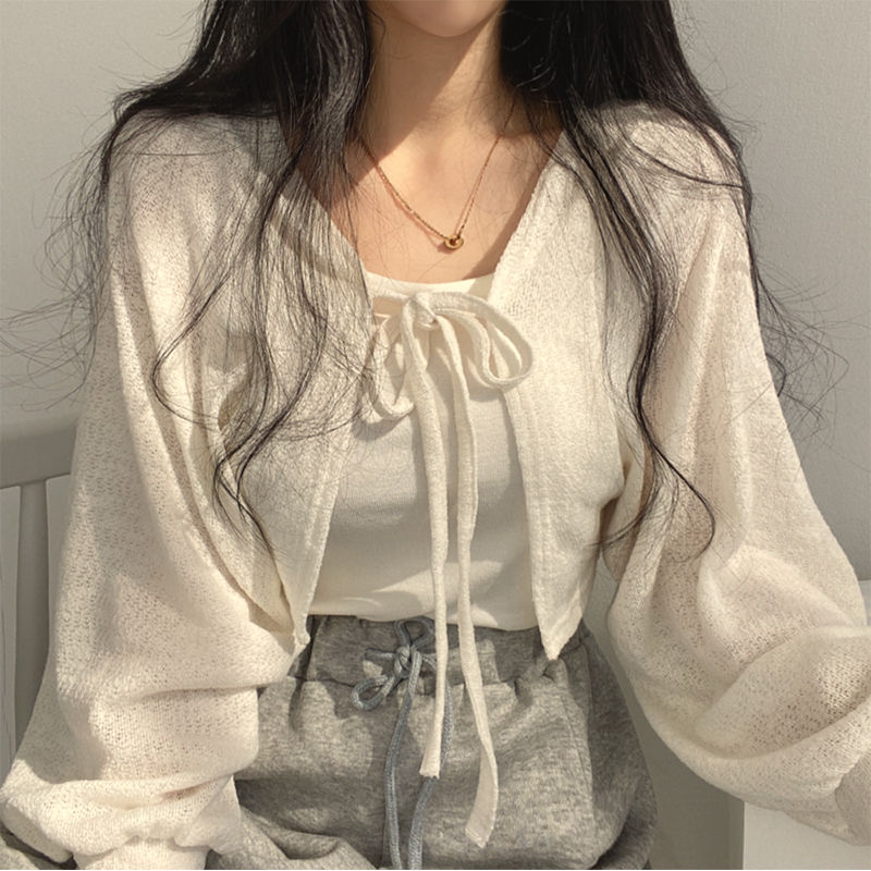設計感小眾薄款防曬上衣女夏大碼胖mm寬鬆百搭燈籠袖短款開衫外套