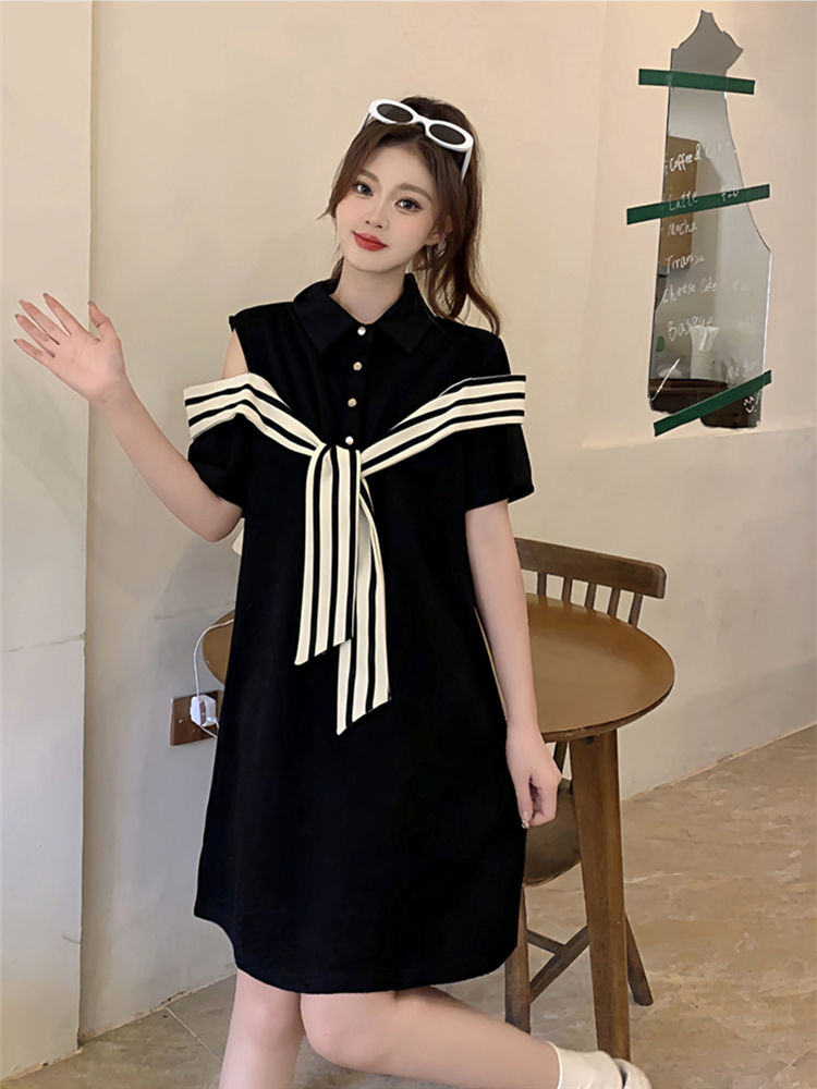 Off-the-shoulder striped stitching POLO collar little black dress fat MM extra large size 300 catties loose belly cover thin dress summer