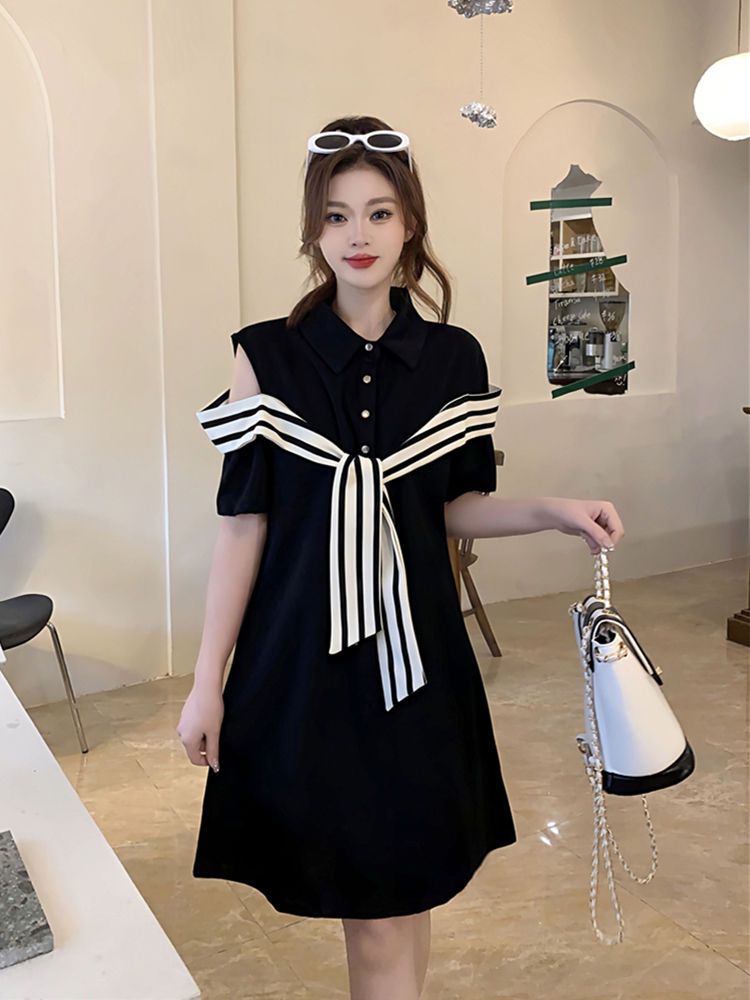 Off-the-shoulder striped stitching POLO collar little black dress fat MM extra large size 300 catties loose belly cover thin dress summer