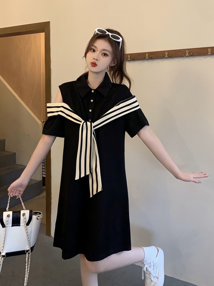 Off-the-shoulder striped stitching POLO collar little black dress fat MM extra large size 300 catties loose belly cover thin dress summer