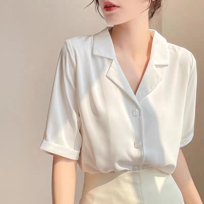 CONGRAZIO白色襯衫女夏季法式高級感日系復古職業百搭短袖襯衣女