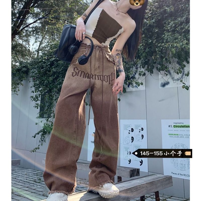 美式字母漸變牛仔褲女小個子夏季高腰復古直筒寬鬆闊腿高街褲子潮