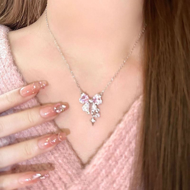 Pink bow necklace Korean style sweet and cool girl summer light luxury high-end clavicle chain versatile non-fading accessory