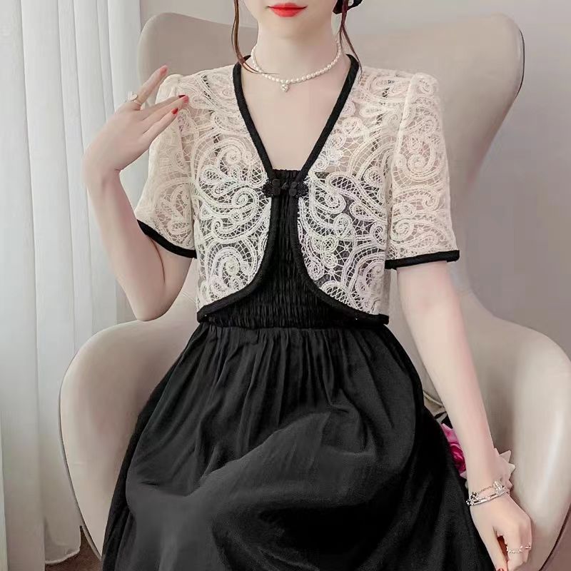 Super fairy and western style lace shawl women's outer sun protection cardigan summer thin temperament high-end buckle short jacket