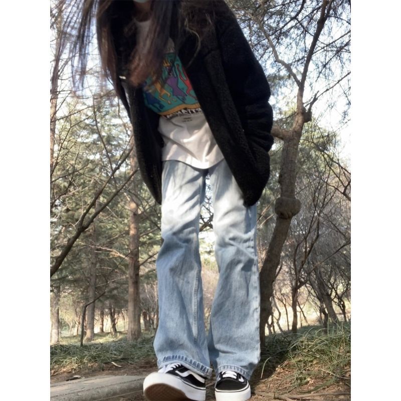 淺色窄版直筒牛仔褲女夏季薄款高腰顯瘦復古百搭彈力拖地褲ins潮
