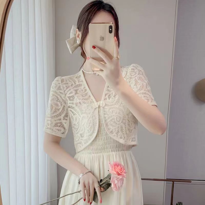 Super fairy and western style lace shawl women's outer sun protection cardigan summer thin temperament high-end buckle short jacket