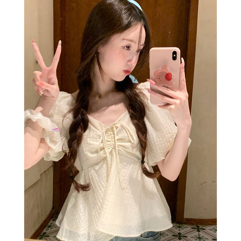 法式甜美V領短袖襯衫女2023新款夏季小個子短款泡泡袖上衣襯衫女