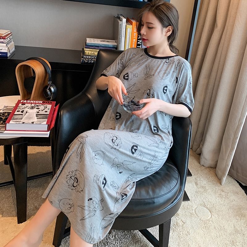 Fat mm2-300 catties ice silk nightdress female Korean version short-sleeved loose long pajamas sweet girl pregnant women can wear outside