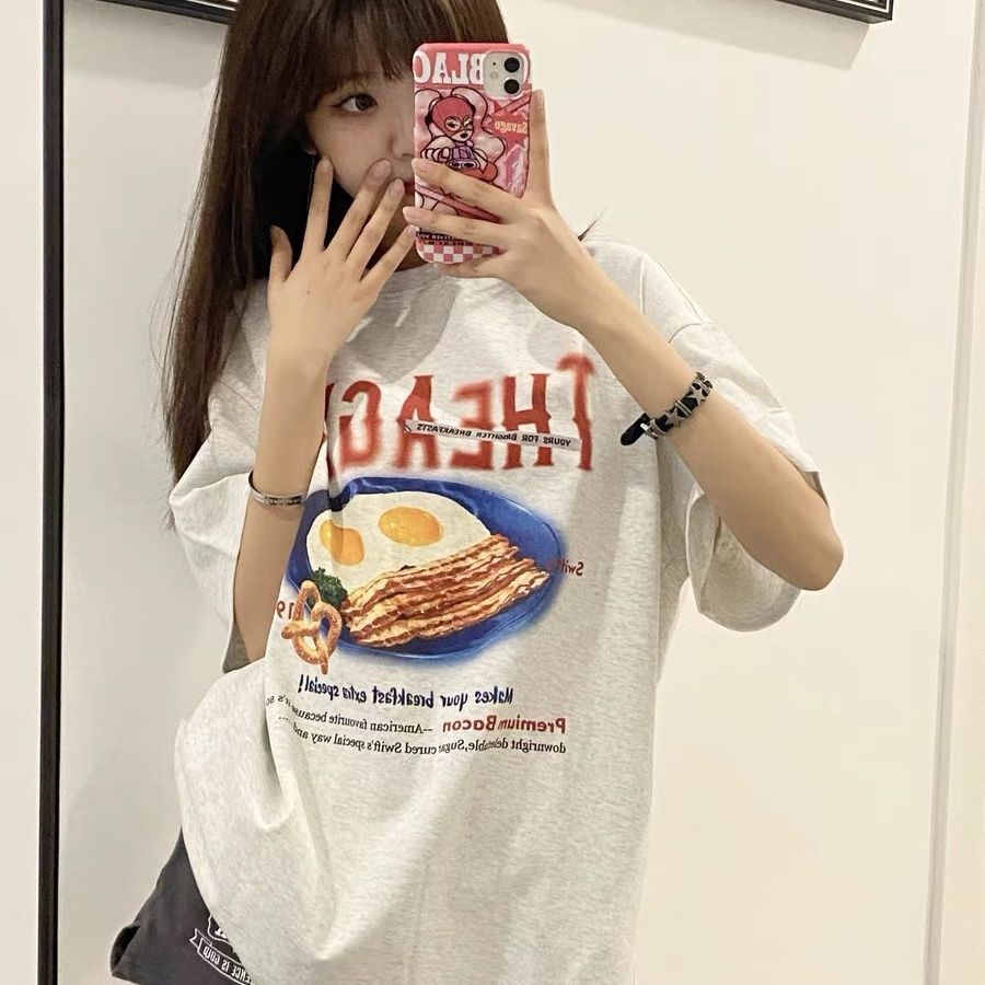美式復古油條雞蛋早餐印花重磅純棉短袖t恤女夏季新款韓版上衣ins