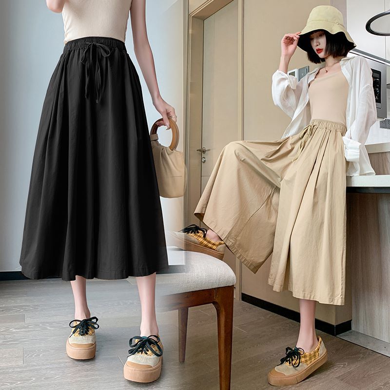 Women's summer thin A-line loose high-waisted wide-leg pants skirt 89-point petite summer style solid color versatile