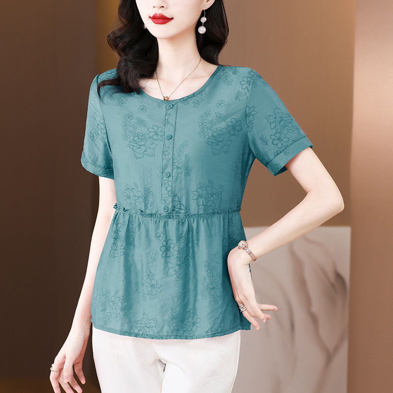 Jacquard high-end summer new cotton and linen short-sleeved T-shirt women's solid color slimming loose belly-covering western-style shirt women