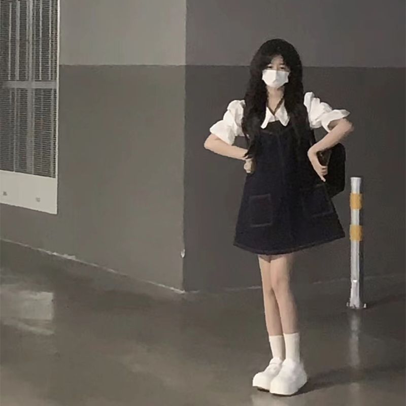 學院風甜美小個子減齡顯瘦短款牛仔背帶裙女學生+娃娃領襯衫套裝
