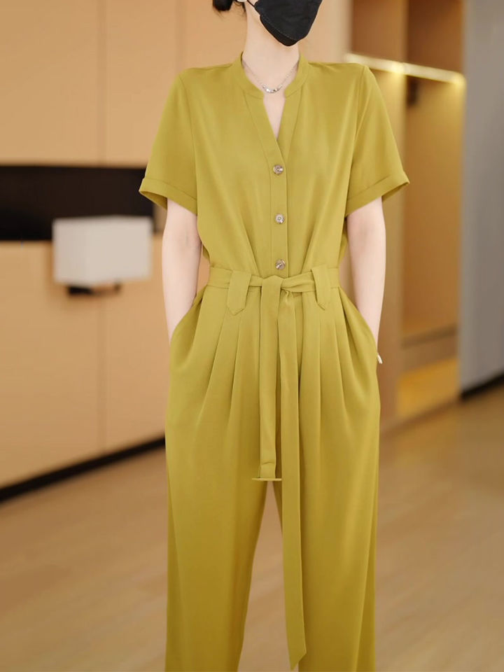 High-end fashion short-sleeved jumpsuit women's  summer new high-end temperament waist slimming pants jumpsuit