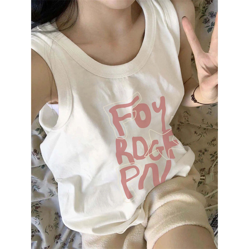 100%純棉百搭休閒字母印花無袖背心T恤女夏季中長款打底外穿上衣
