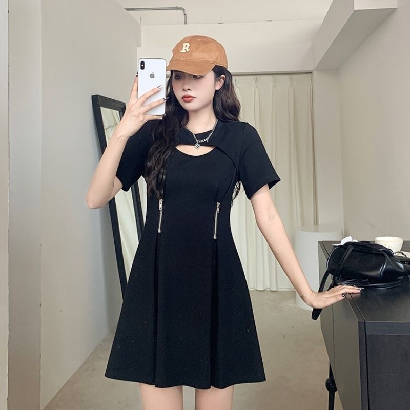 New Chinese temperament niche short-sleeved fat mm cover meat thin dress summer female short skirt 150 short