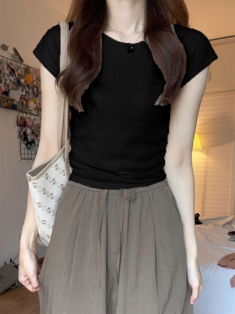 [Front Shoulder Small Flying Sleeves] Slim Slim Hot Girl American T-Shirt Women's Short-sleeved Short Top Black Bottom Shirt Summer
