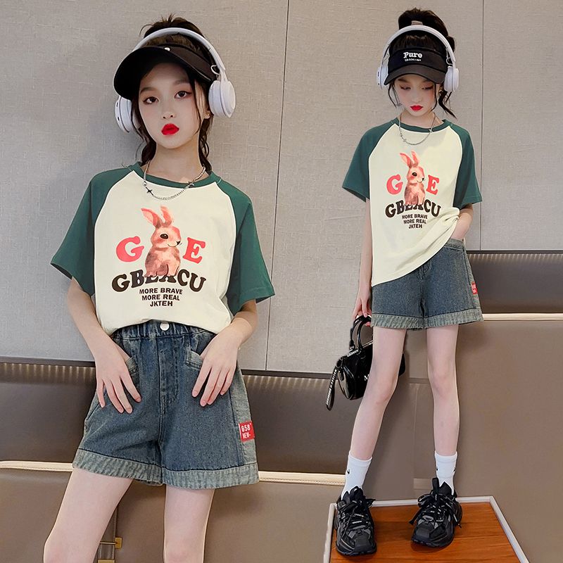 女童夏季套裝新款兒童洋氣短袖女中大兒童夏裝牛仔短褲休閒兩件套