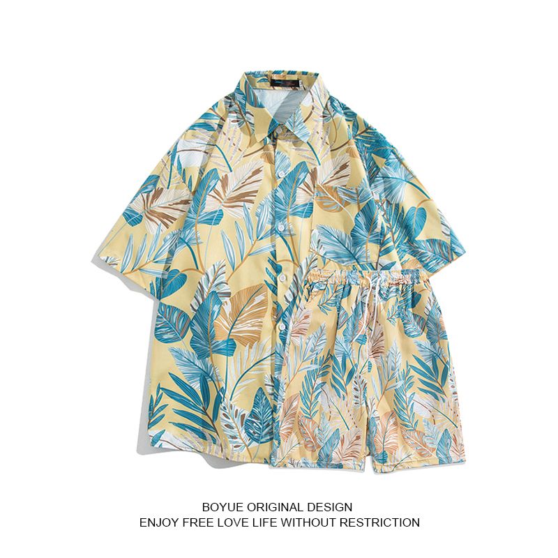 夏季夏威夷沙滩印花套装男士衬衣短袖衬衫短裤睡衣居家两件套男潮