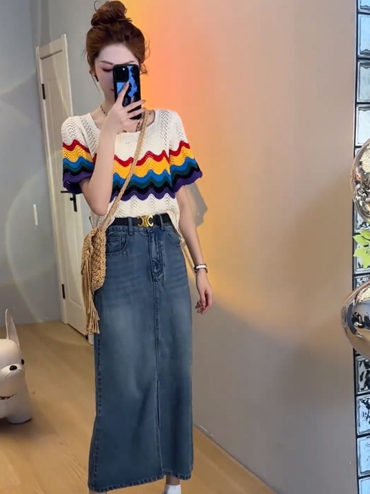 Rainbow striped sweater women's summer design sense niche ice silk short top hollow pullover short-sleeved bottoming shirt