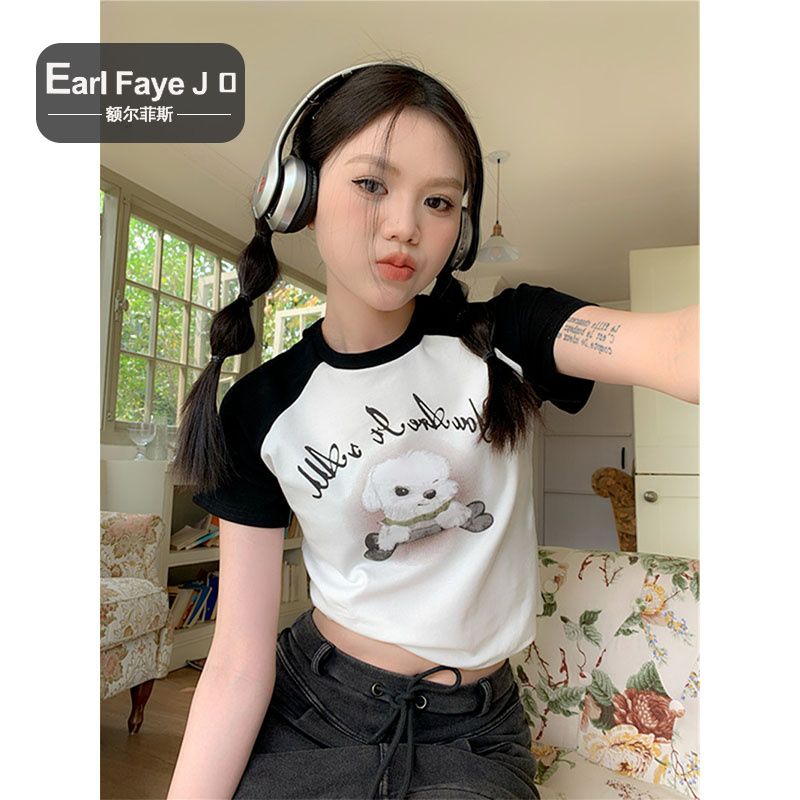 [Positive shoulder pure cotton] American style hit color puppy short-sleeved t-shirt female summer sweet hot girl sexy navel cropped top