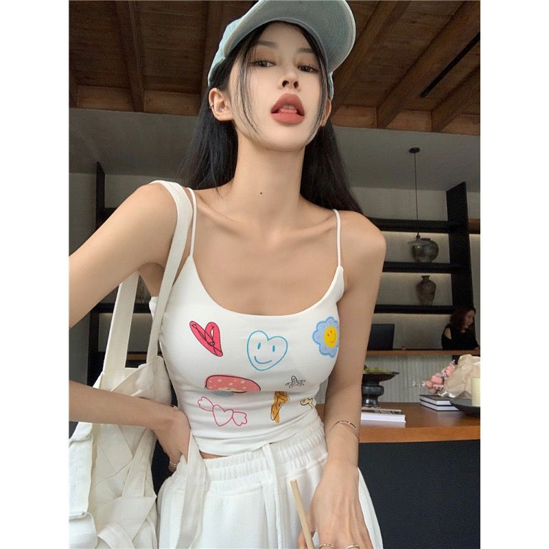 小心機帶胸墊印花吊帶背心純欲性感收腰短上衣女2023夏季新款韓版