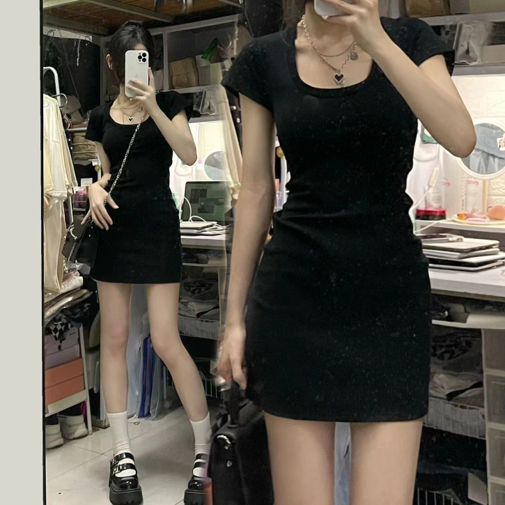 Sweet babes black short-sleeved dress women's summer new pure desire small waist slimming thin package hip skirt