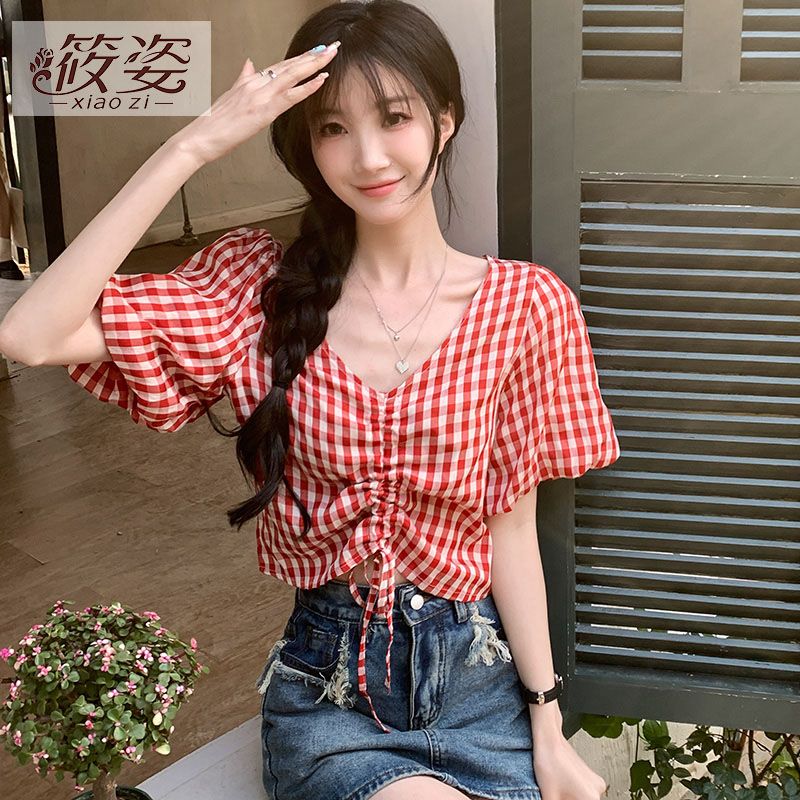 筱姿港風鹽系格子V領短袖襯衫女夏季ins潮設計感小眾短款抽繩上衣