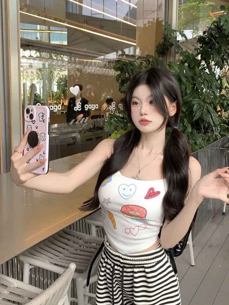 吊帶背心女純欲性感修身顯瘦印花帶胸墊夏季新款短款內搭外穿上衣