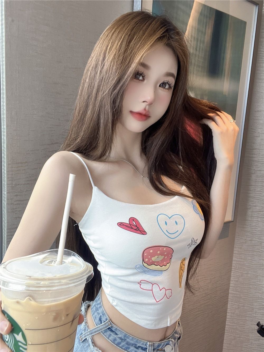小心機帶胸墊印花吊帶背心純欲性感收腰短上衣女2023夏季新款韓版