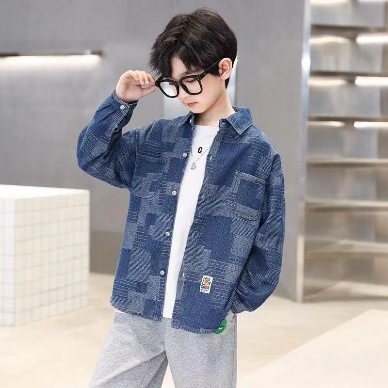 Boys' denim shirt 2023 spring and autumn new style children's long-sleeved casual jacket student shirt cardigan outer top