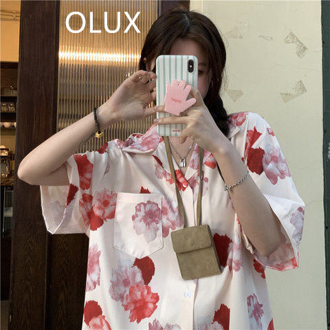 OLUX 潮流鹽系夏威夷設計感花襯衫港風短袖寬鬆百搭外穿正肩襯衣
